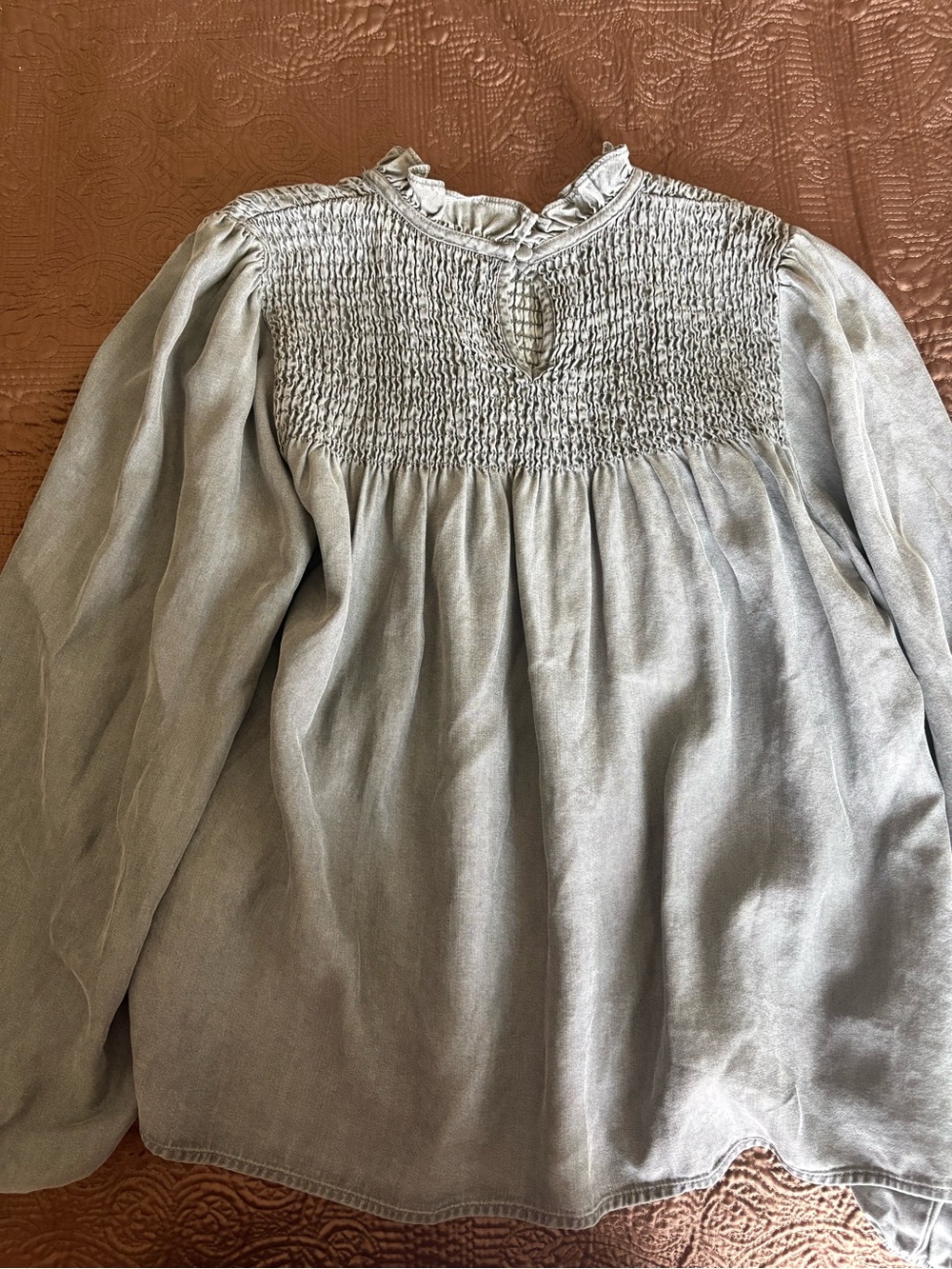 Zara Light Gray Smocked Yoke Long Sleeve Blouse